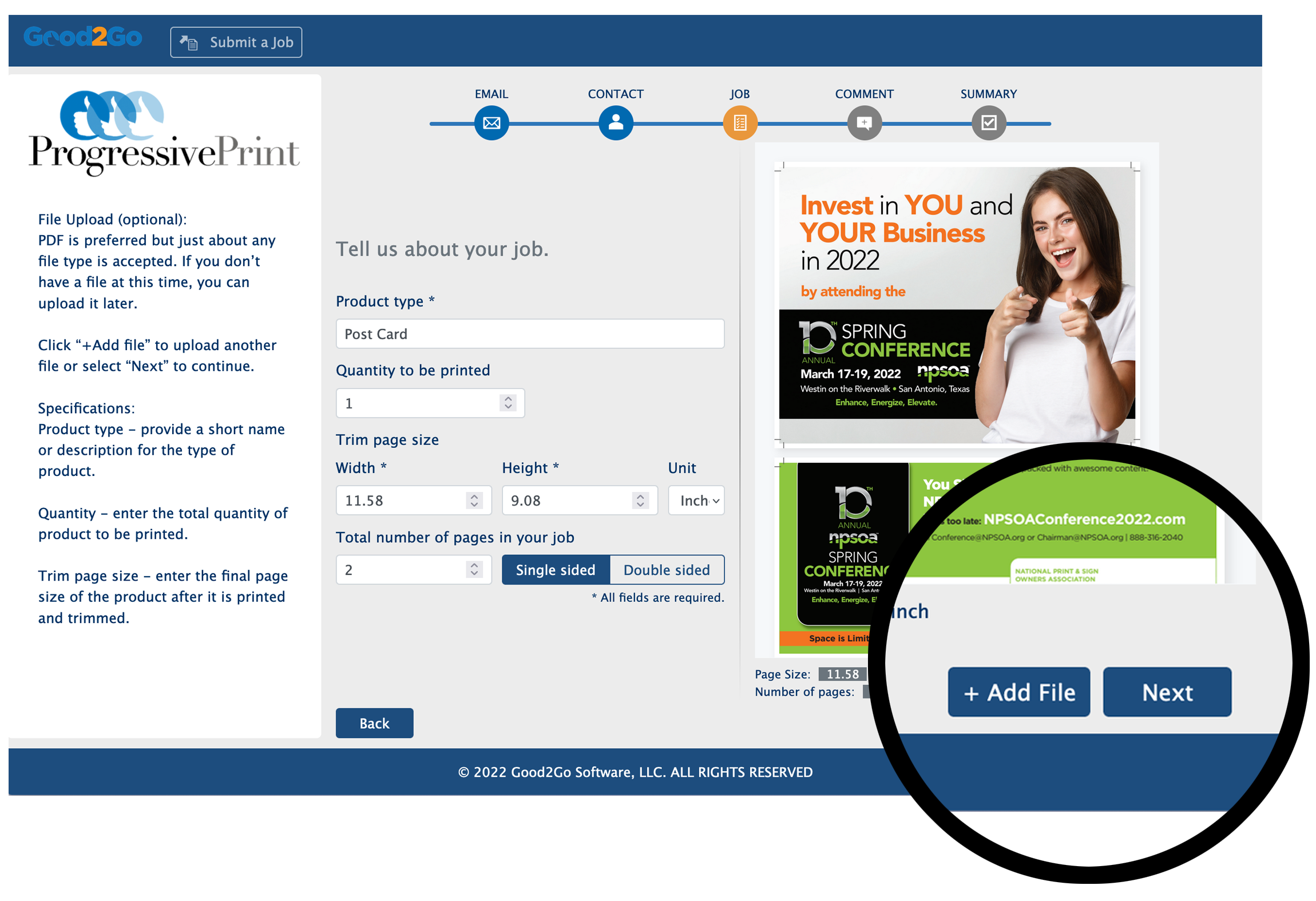 File onboarding for print. Easy for print buyers to upload one, or more files with product specifications.
