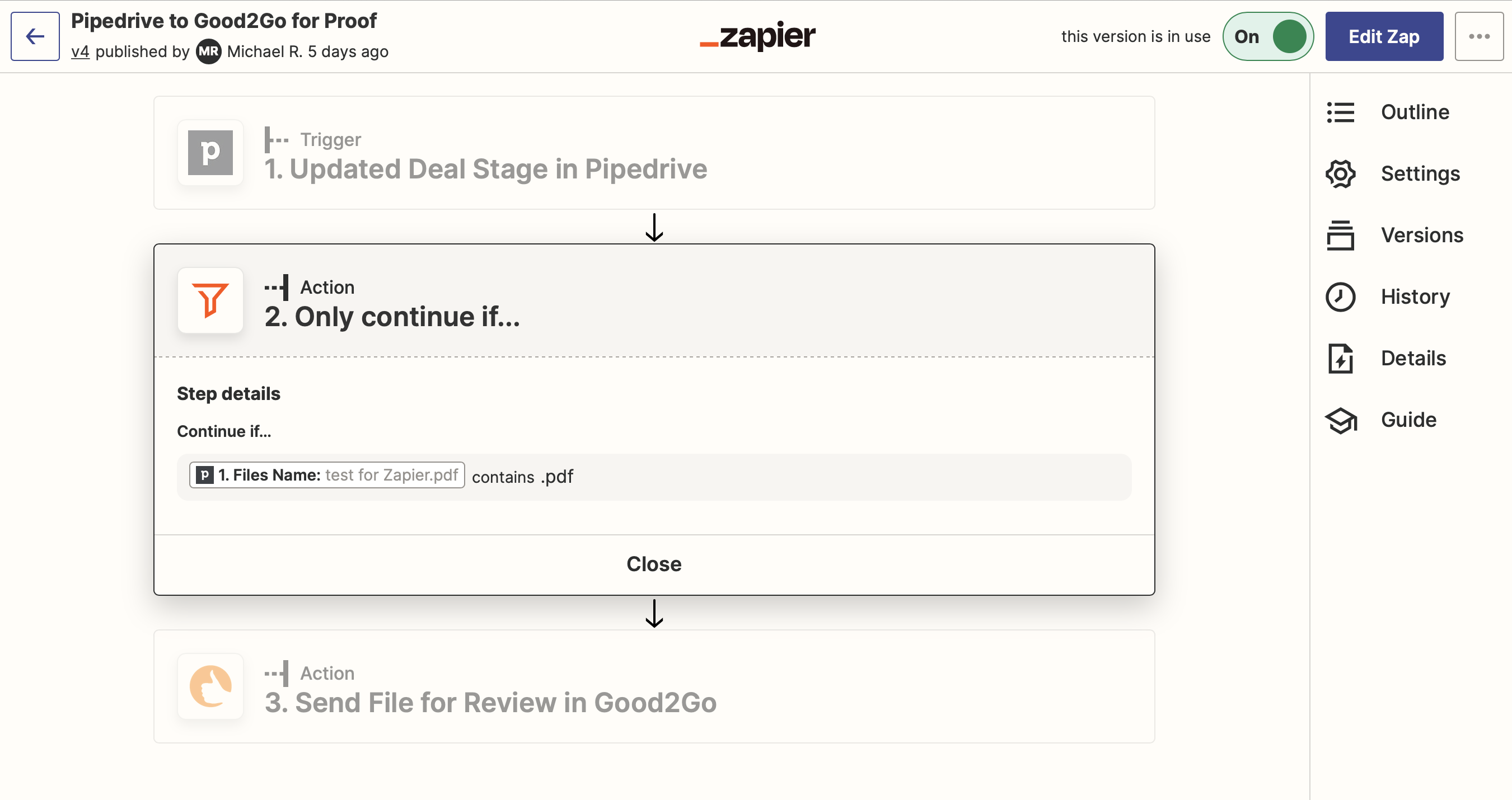 A Zapier Zap using Good2Go for online proofing